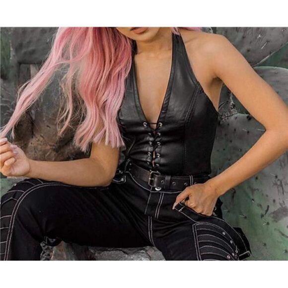 Women's Adjustable Spaghetti Straps PU Leather Bustier Crop Tube Top BDSM PARTY - Picture 2 of 6
